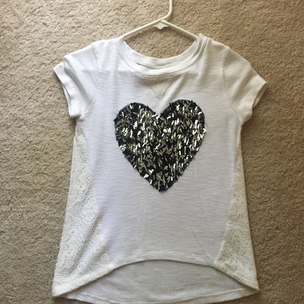 Total girls white shirt/ heart in middle/ sequins